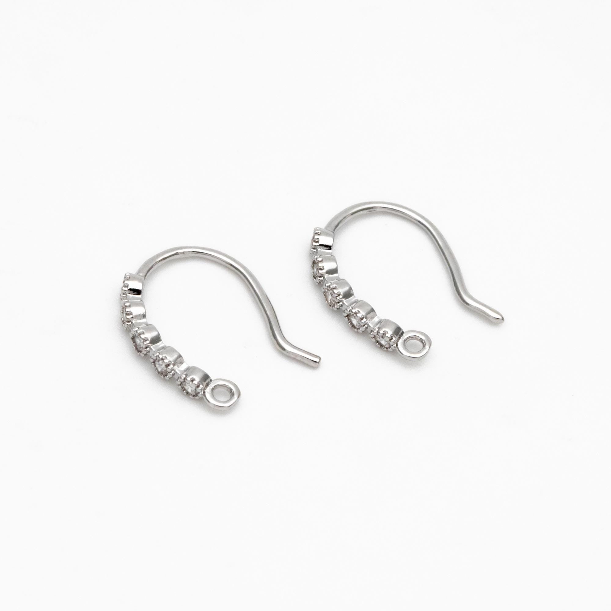 10pcs CZ Pave Gold/ Silver Earring Hooks 16x10mm, Real Gold/ Rhodium Plated Brass Earwires, Color Not Easily Tarnish (GB-317)